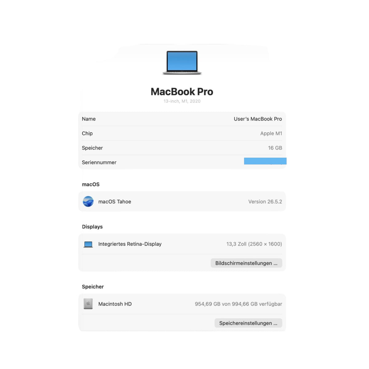 Apple MacBook Pro 13 A2338 Apple M1 16 GB RAM 1 TB SSD Retina macOS Tahoe
