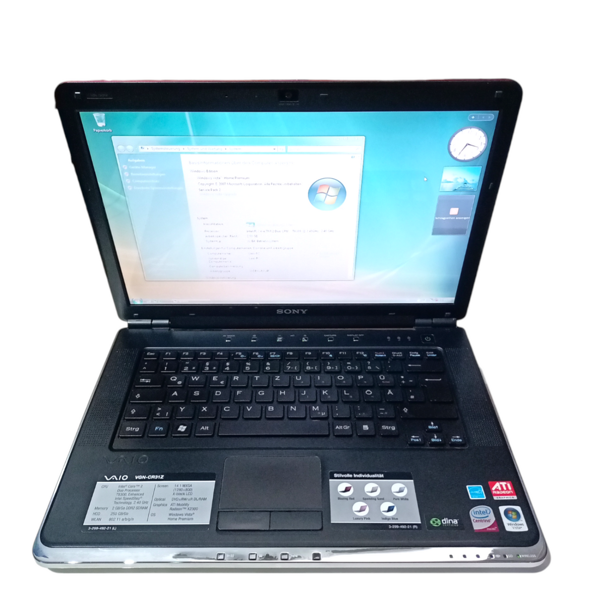 Retro Laptop Sony Vaio VGN-CR31Z Intel Core 2 Duo T8300 2GB RAM 512GB SSD Windows Vista